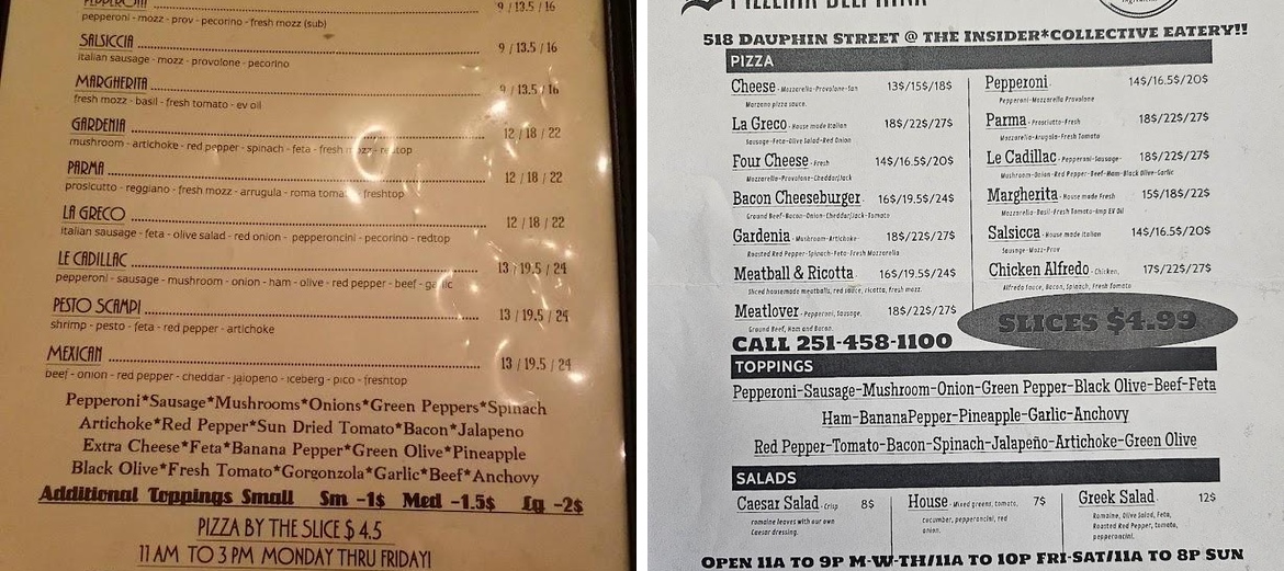 Pizzeria Delphina at the Insider Food Hall Menu